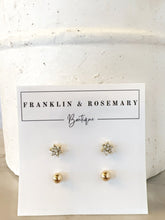 Load image into Gallery viewer, Diamond Flower &amp; Gold Ball Stud Set