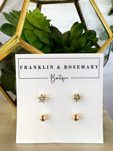 Diamond Flower & Gold Ball Stud Set