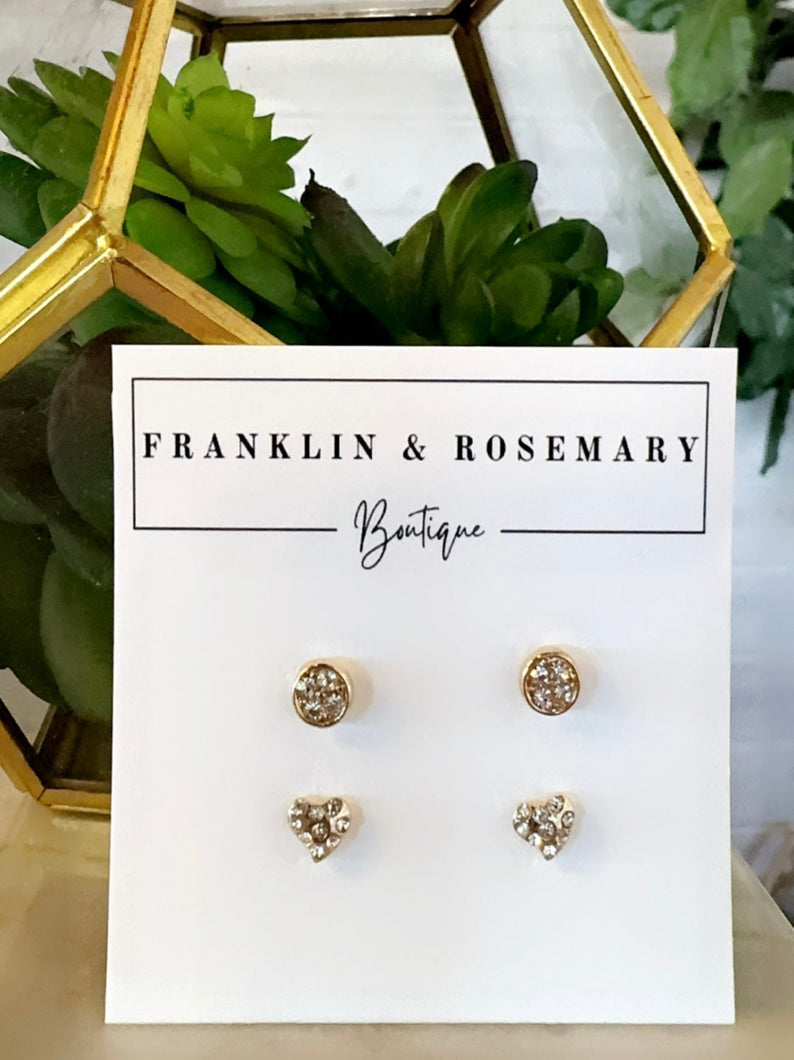 Sparkle Circle & Heart Stud Set