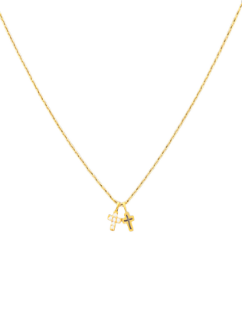 CZ Cross Double Charm Necklace